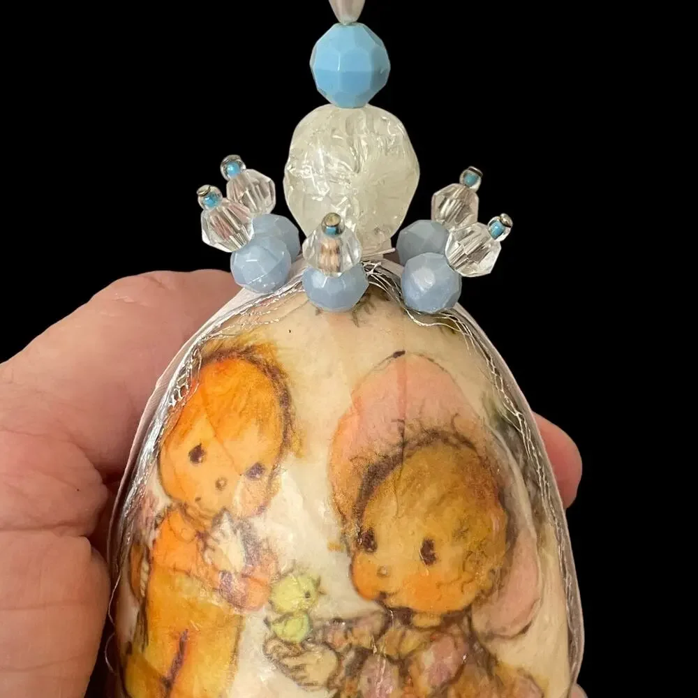 Vintage Decoupage Ornament Holly Hobbie? Handmade 70's Beaded Christmas Holiday